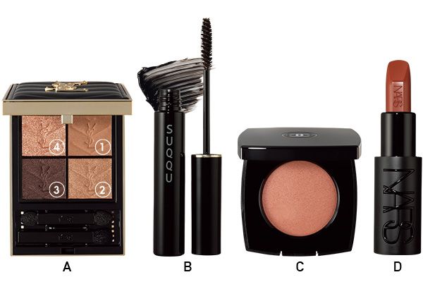 【A】イヴ・サンローラン クチュール ミニ クラッチ 【B】SUQQU セッティング アイブロウ ジェル 【C】シャネル ジュ コントゥラスト アンタンス 【D】NARS エクスプリシット リップスティック