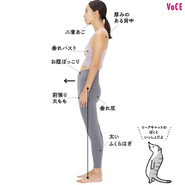 スウェイバック 二重あご、厚みのある背中、垂れバスト、お腹ぽっこり、垂れ尻、前張り太もも、太いふくらはぎ