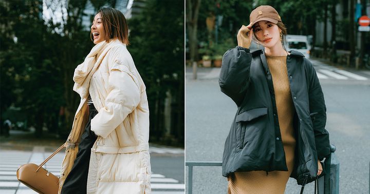 emmiのホワイトダウンを着た木佐貫まやさんとミラオーウェンの墨黒のダウンコートを着た咲和希さん