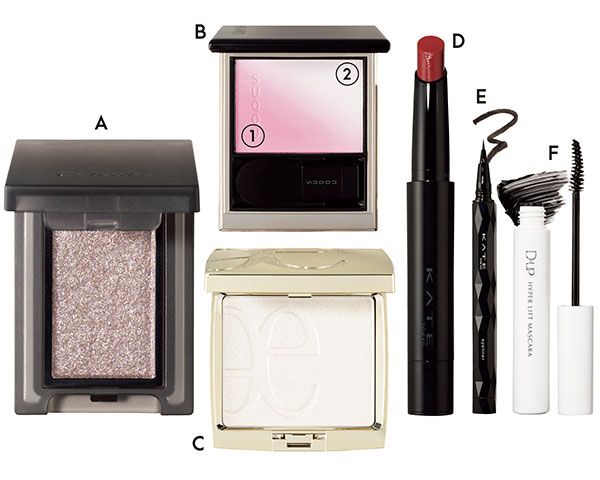 【A】セルヴォーク ヴァティック アイズ 【B】SUQQU ブラーリング カラー ブラッシュ 【C】エレガンス アティミエル ヴェール 【D】リップモンスター ツヤバース 【E】ケイト スーパーシャープライナー EX4.0（ショート筆） 【F】ディーアップ ハイパーリフトマスカラ