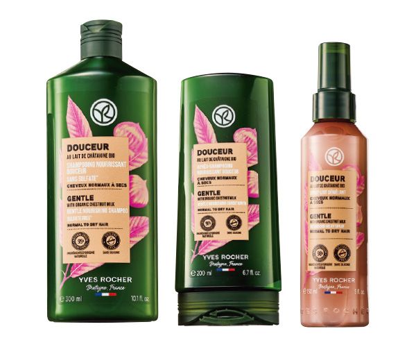 【左】ヘルシースカルプ シャンプー ジェントル ミルキーチェスナッツ 【中】ヘルシースカルプコンディショナー ジェントル ミルキーチェスナッツ 【右】ヘアミルクスプレー ジェントル ミルキーチェスナッツ