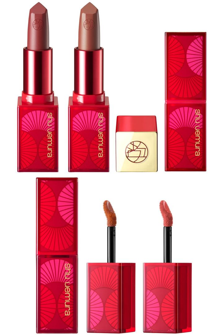 〈上左から〉キヌルージュ マット RD182、BR762 各￥4,950 〈下左から〉ルージュ アンリミテッド アンプリファイド ピグメント BR791、BG992 各￥4,620（すべて12月19日より公式オンラインショップ先行、12月26日よりシュウ トウキョウ メイクアップ ボックス、2025年1月1日より一部店舗限定発売）