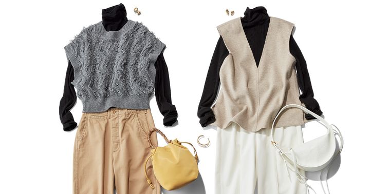 黒タートルとベストの重ね着コーデ