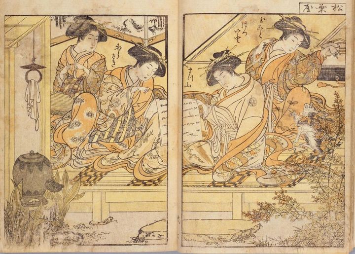 北尾重政（1世）作、勝川春章画『青楼美人合姿鏡秋冬』、山崎金兵衛・蔦屋重三郎発行、安永5年（1776）刊、出典＝国立国会図書館デジタルコレクション