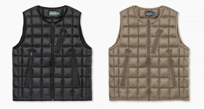 ハイブリッドダウンを約120g封入(650FP相当)した、KOUDENSHI DOWN PADDED VEST(27,500円 税込)