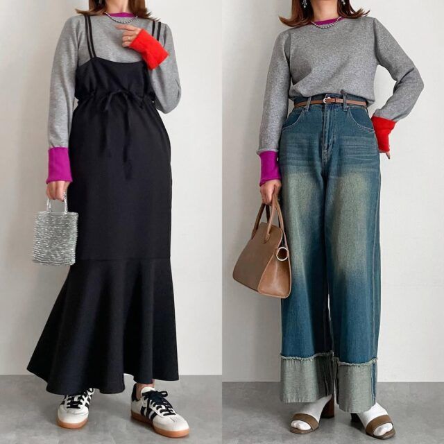 アシメハイショクユビアナPOとデニムのコーデとワンピースとのコーデ