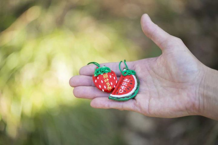 左から「スイカ守」700円、「願叶う守」600円