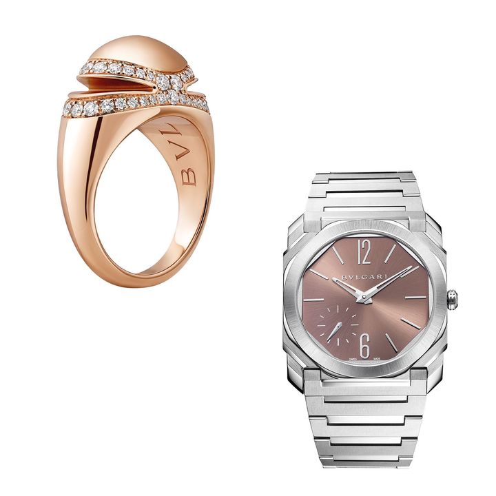 〈左〉「ブルガリ カボション」（PG×ダイヤモンド）￥1,023,000／BVLGARI 〈右〉「オクト フィニッシモ タスカンコッパー」ウォッチ（SS、ケース径40mm、自動巻き）￥2,112,000／BVLGARI
