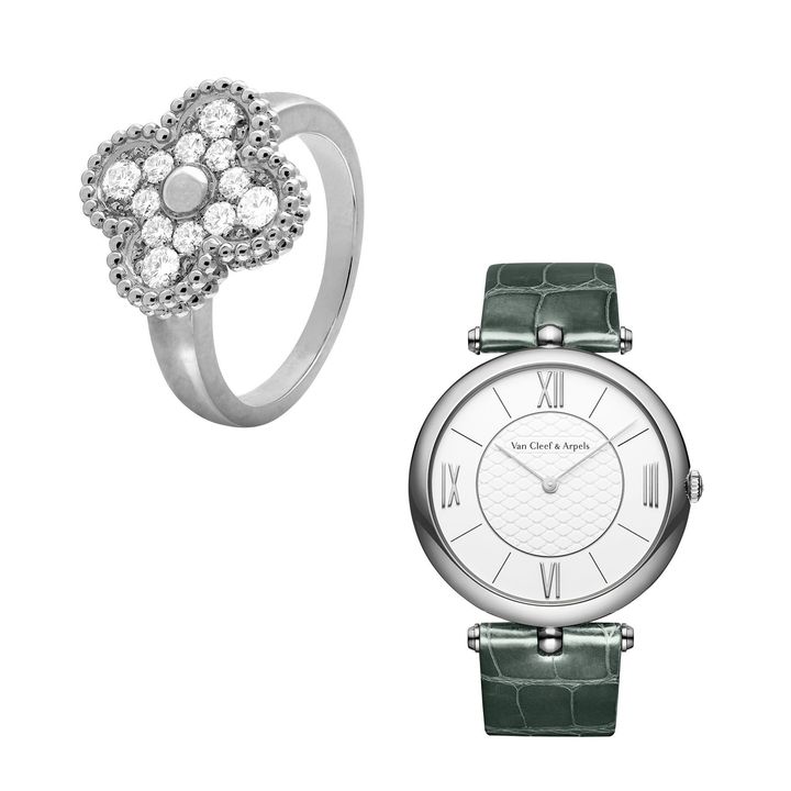 〈左〉「ヴィンテージ アルハンブラ リング」（WG×ダイヤモンド）￥1,135,200 〈右〉「ピエール アーペル ウォッチ（38mm）」（WG×ダイヤモンド、ケース径38mmm、手巻き式）￥2,428,800