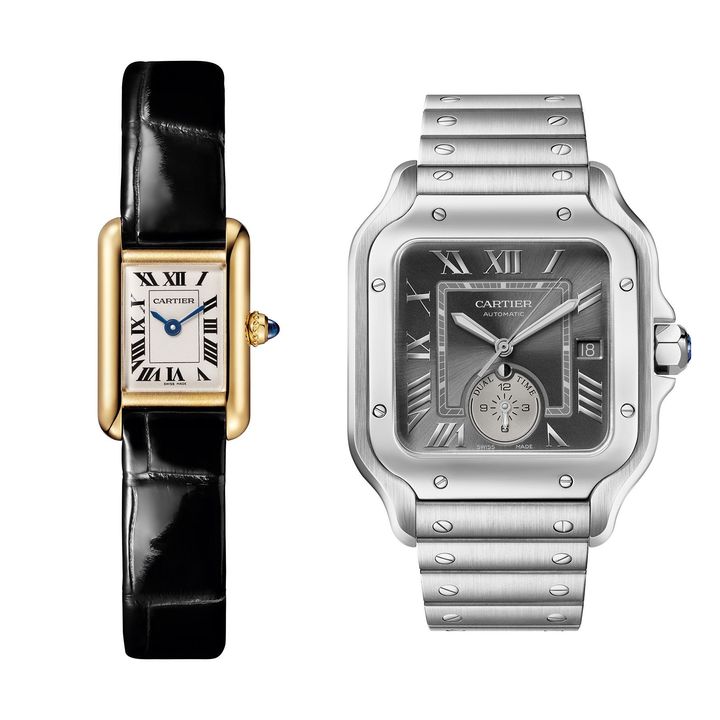 〈左〉「タンク ルイ カルティエ」ウォッチ ミニモデル（YG、ケース径24mm×16.5mm、クォーツ）￥1,201,200／CARTIER ©︎ CARTIER 〈右〉「サントス ドゥ カルティエ」ウォッチ ラージモデル（SS、ケース径47.5mm×40.02mm、デュアルタイムゾーン、自動巻き）￥1,452,000／CARTIER ©︎ CARTIER