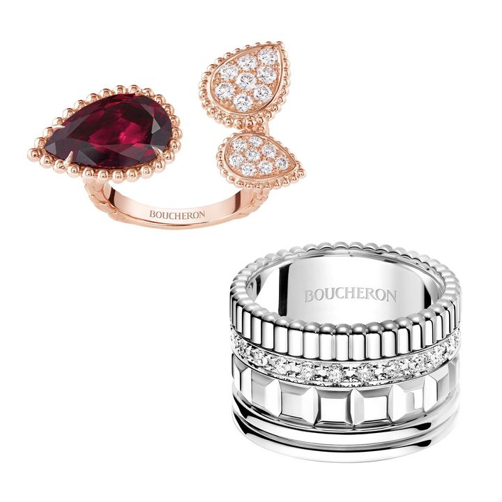 〈左〉セルパンボエム 3モチーフ リング（PG×ロードライトガーネット×ダイヤモンド）￥1,557,600（予定価格）／BOUCHERON 〈右〉キャトル ラディアント フルパヴェ ダイヤモンド リング（WG×ダイヤモンド）￥1,966,800（予定価格）／BOUCHERON