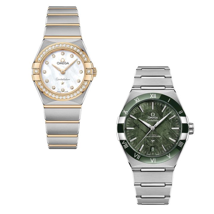 〈左〉「コンステレーション」ウォッチ（YG×ダイヤモンド×マザーオブパール、ケース径25mm、クォーツ）￥1,408,000／OMEGA 〈右〉「コンステレーション メテオライト」ウォッチ（SS×メテオライト、ケース径41mm、自動巻き）￥1,496,000／OMEGA
