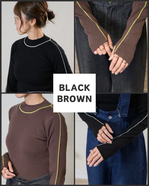 黒とブラウンのレディースニットプルオーバーを着用