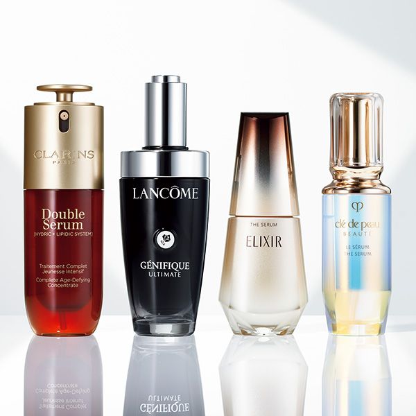 【左】クラランス ダブル セーラム ADC 【左中】ランコム ジェニフィック アルティメ セラム 【右中】エリクシール ザ セラム aa 【右】クレ・ド・ポー ボーテ ル・セラム II