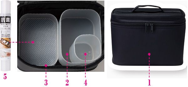 1 ナイロンメイクボックス・M 黒 2 ポリプロピレンメイクボックス・1／2横ハーフ 3 ポリプロピレンメイクボックス・1／4横ハーフ 4 ポリプロピレンブラシ・ペンシルスタンド 5 抗菌滑り止めシート 引き出し用