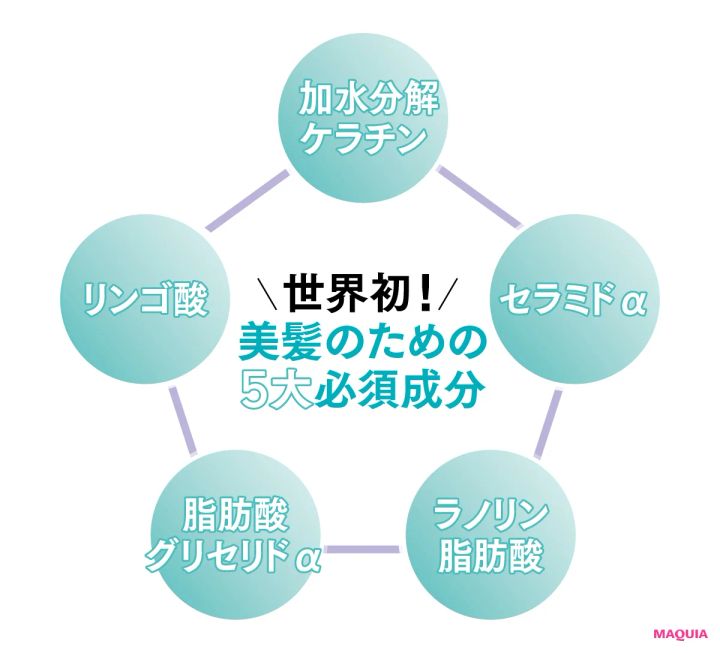 世界初！ 美髪のための5大必須成分 加水分解ケラチン セラミドα ラノリン脂肪酸 脂肪酸グリセリドα リンゴ酸
