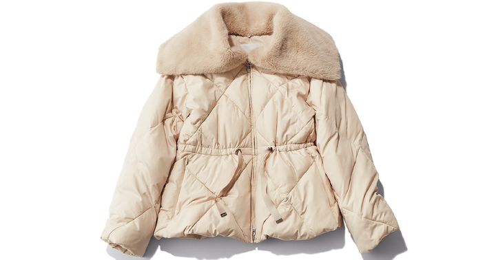 セルフォードのエコファー衿付きのベージュダウン