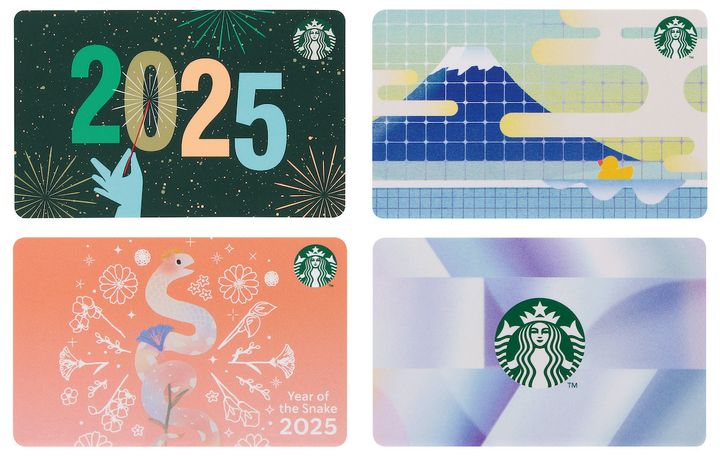 上段左から「スターバックス カード Happy New Year」、「スターバックス カード SENTO」、 下段左から「スターバックス カード イヤーオブザスネイク」、「スターバックス カード ウィンターコア」入金額1000円〜