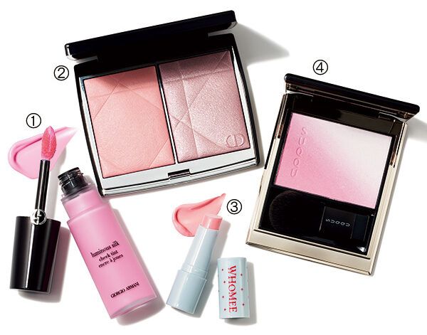 【1】アルマーニ ビューティ ルミナス シルク チーク ティント 【2】ディオール ディオールスキン ルージュ ブラッシュ カラー＆グロウ 【3】フーミー リリュタンスティック 【4】SUQQU ブラーリング カラー ブラッシュ