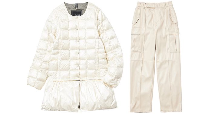 TAIONのペプラムデザインのダウンとレザーカーゴパンツ