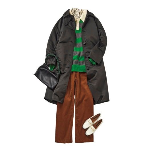 コート￥64,900（サロン アダム エ ロペ／ジュンカスタマーセンター） ポロラガーニット￥75,900（アンドドーター／RHC ロンハーマン） ボーダーカットソー￥3,289（エル・ビー・シー／コックス カスタマーセンター） パンツ￥27,500（ザ シンゾーン／シンゾーン ルミネ新宿店） バッグ￥19,800（リンク） ローファー￥29,700（ダイアナ／ダイアナ 銀座本店）