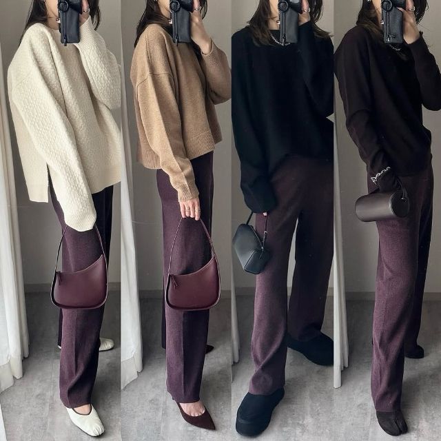 ウォッシャブルミラノリブニットパンツを着たコーデ