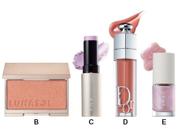 【B】ルナソル カラーリングシアーチークス（グロウ） 【C】ラディアントカラースティック 【D】ディオール アディクト リップ マキシマイザー 【E】ネイルラッカー 