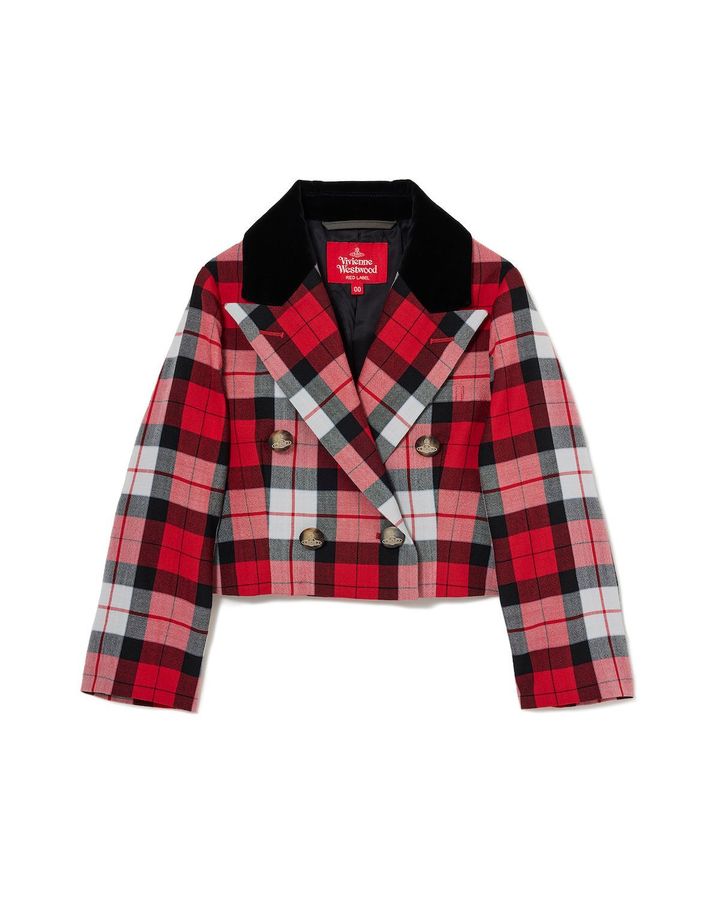 レッドタータン ダブルジャケット ¥42,900／Vivienne Westwood RED LABEL(ヴィヴィアン・ウエストウッド レッドレーベル https://www.viviennewestwood-tokyo.com） ※限定キッズコレクションは2025年1月10日（金）発売 Photo: Courtesy of Vivienne Westwood