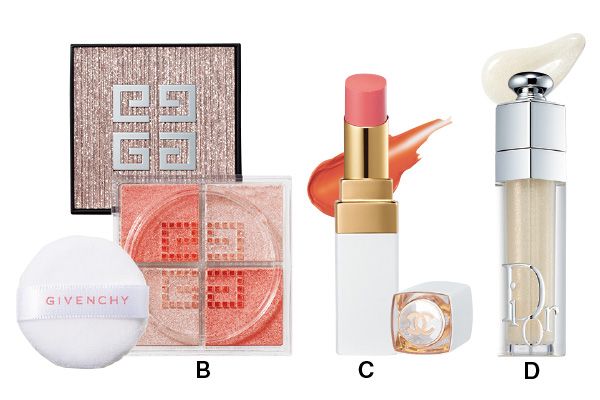【B】プリズム・リーブル・ハイライター 【C】ルージュ ココ ボーム 【D】ディオール アディクト リップ マキシマイザー