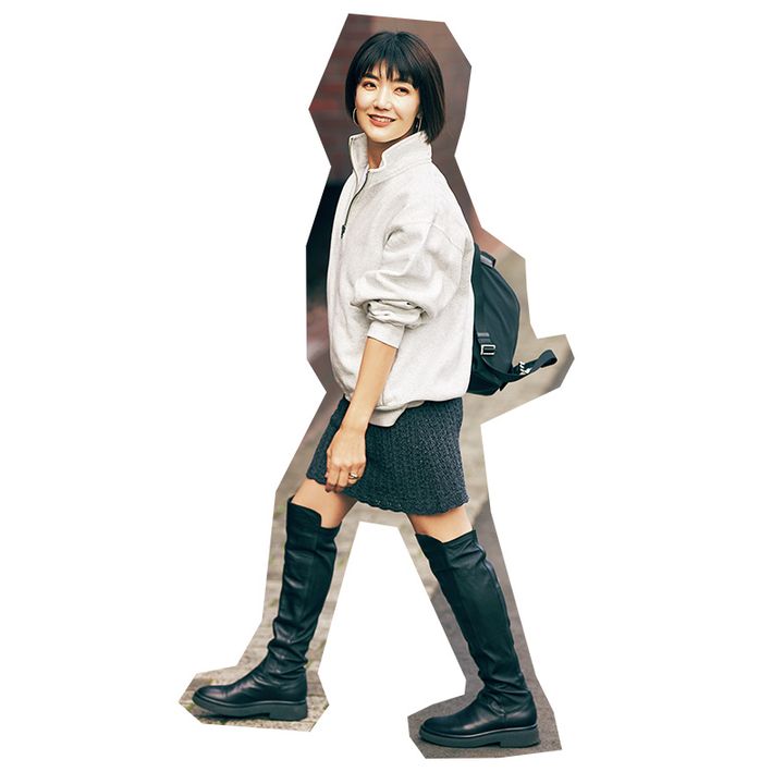 GUのハーフジップスウェットにミニスカートとニーハイブーツを合わせたママコーデ