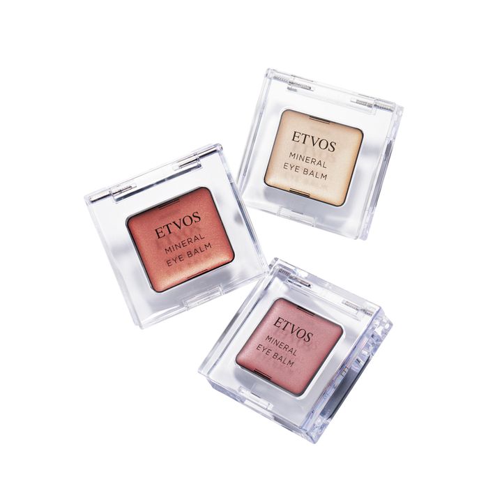 エトヴォス ミネラルアイバーム 上からシャンパンアイボリー シナモンオレンジ ロージーカシス