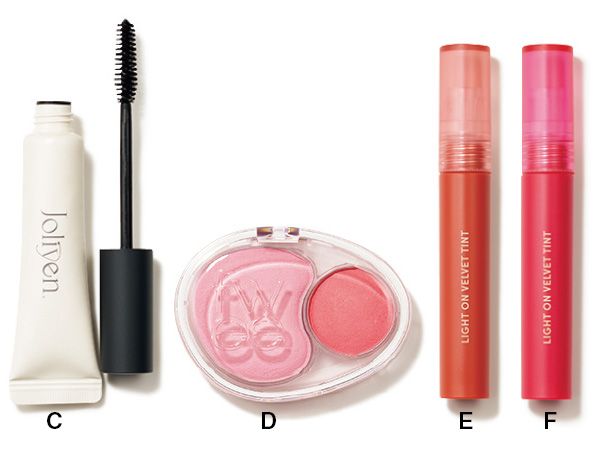 【C】Joliyen. マスカラカラーフィクサー 【D】フィー デュアルチークメロウ 【E】ライトオンベルベットティント 【F】ライトオンベルベットティント