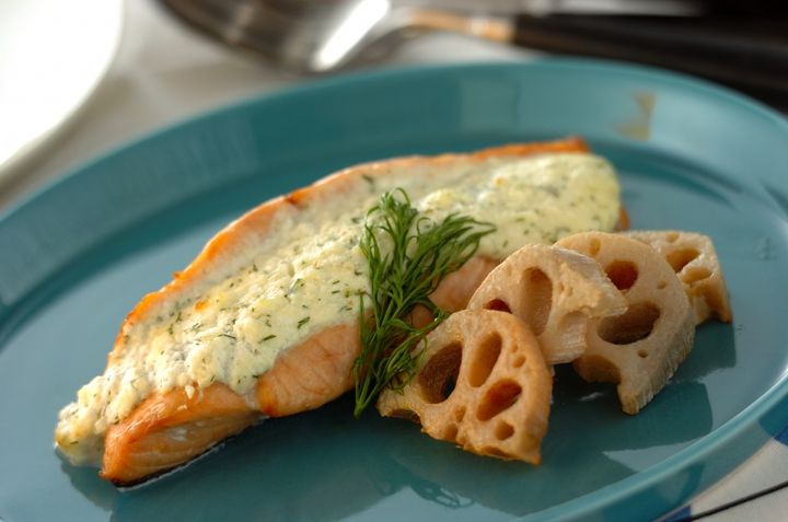 鮭のチーズソースはさみ焼き