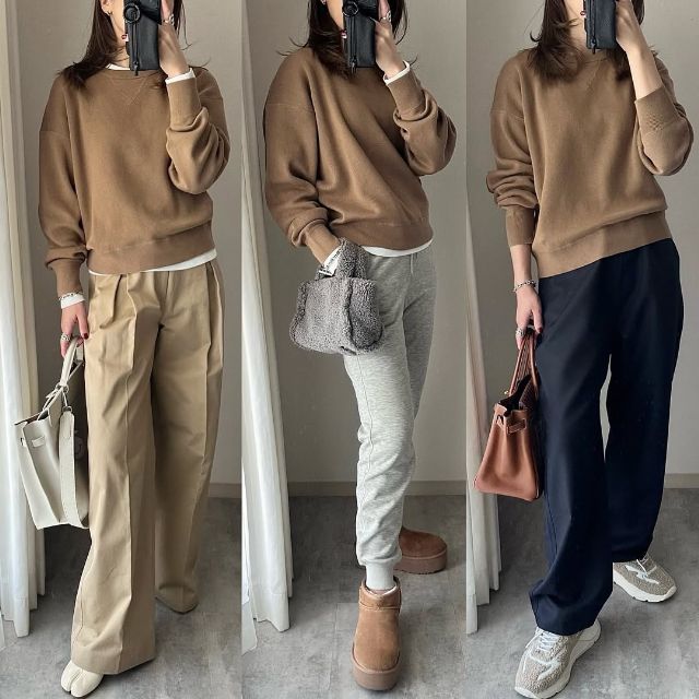 ベージュのスムースコットンクルーネックセーターを着たコーデ3体