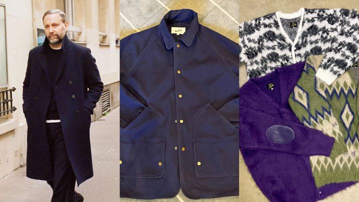 『l'étiquette』編集長のマーク・ボウジェ、〈ウールリッチ〉のコーデュラ キャンバス ハンティングジャケット、モヘア素材のカーディガン