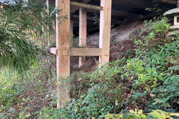 斜面に合わせて垂直の柱は長さが違い、柱は横木を固定することで斜面に建築ができる仕組みです