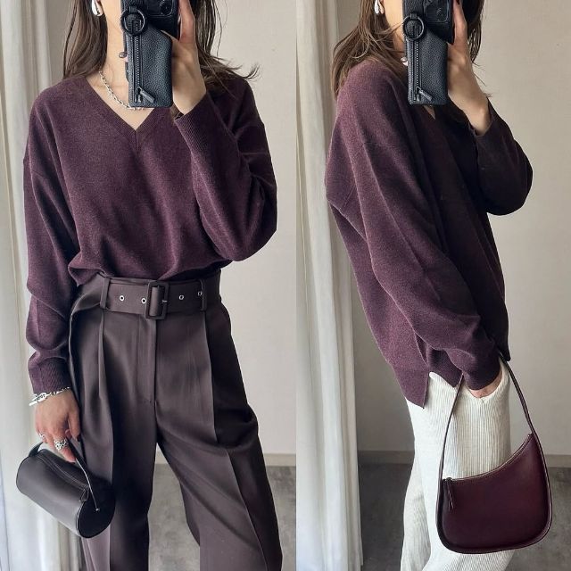 ウォッシャブルミラノリブニットVネックセーターを着たコーデ