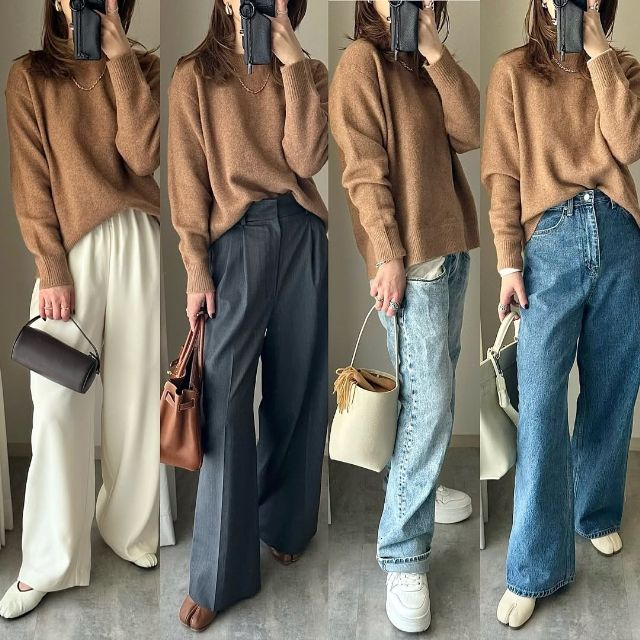 スフレヤーンクルーネックセーターを着たコーデ