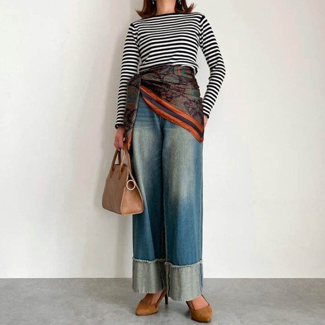 lattice ビッグスカーフ アレンジ 半分の三角折りにして腰に巻く