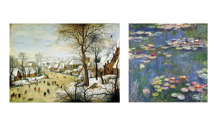 ピーテル・ブリューゲル（子）《鳥罠のある冬景色》旧松方コレクション、クロード・モネ《睡蓮》松方コレクション