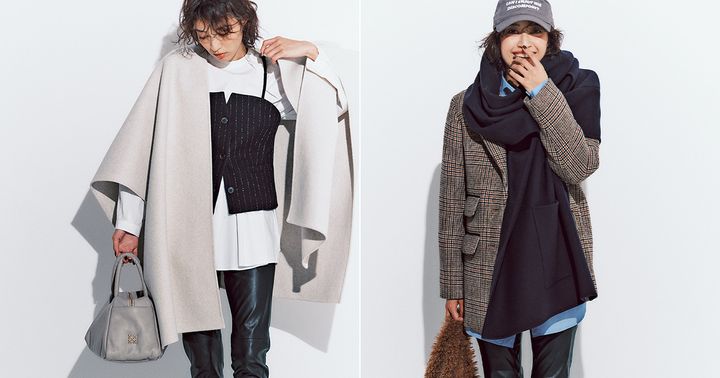 ポンチョアウターとビッグジャケットにレザーパンツを合わせた着回しコーデ