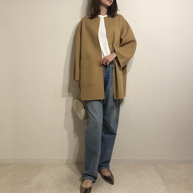 UNITED ARROWS バイカラー リバー ミドルコート ベージュ パンツコーデ デニム合わせ