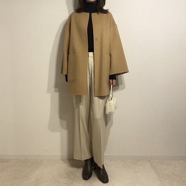 UNITED ARROWS バイカラー リバー ミドルコート ベージュ パンツコーデ センタープレスパンツ