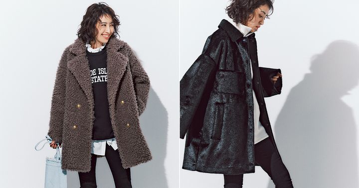 ボアコートとエコファーコートに黒スキニーデニムを合わせた着こなし