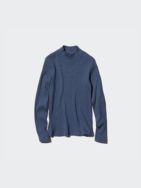 ユニクロ リブハイネックT BLUE