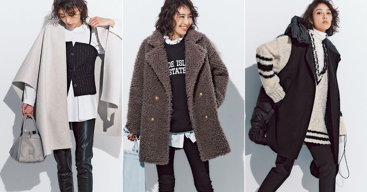 ポンチョアウターとボアアウターとロングベストを黒スキニーパンツに合わせたコーデ