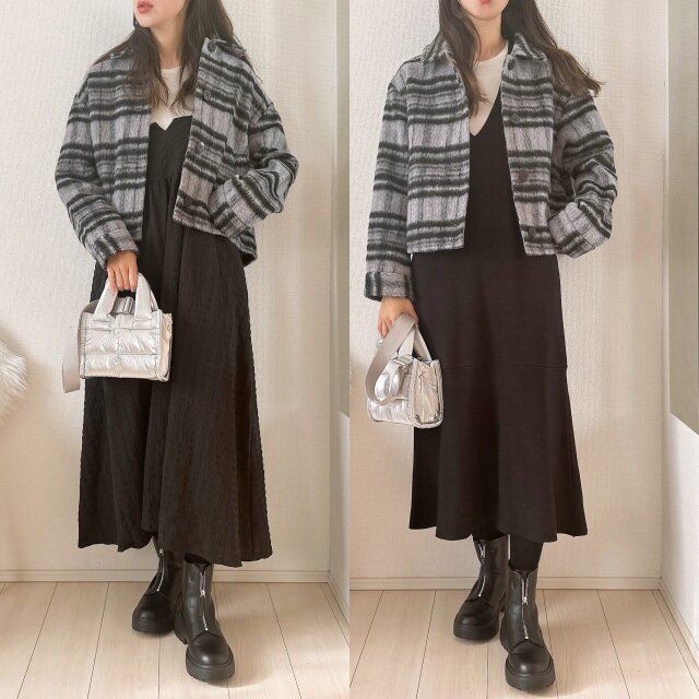 GU シャギーチェックブルゾン GRAY 着用 ワンピはボリュームが出すぎないもので