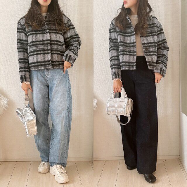 GU シャギーチェックブルゾン GRAY 着用 デニムは薄いブルーより濃い色で