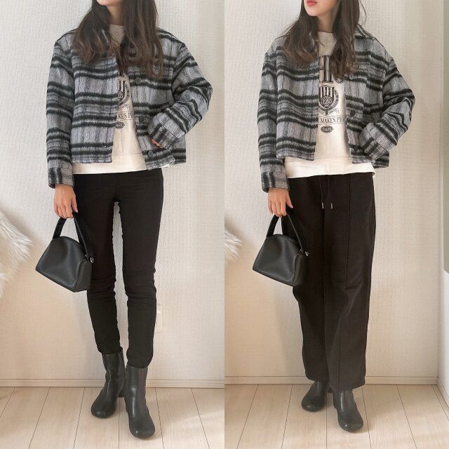 GU シャギーチェックブルゾン GRAY 着用 パンツはスキニーよりもワイドが良い
