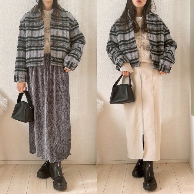 GU シャギーチェックブルゾン GRAY 着用 シンプルなスカートですっきりと